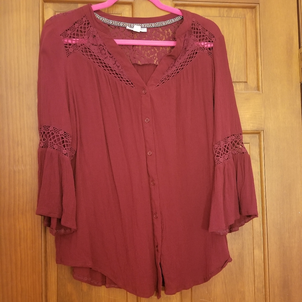 Maroon Crocheted Button Down Blouse